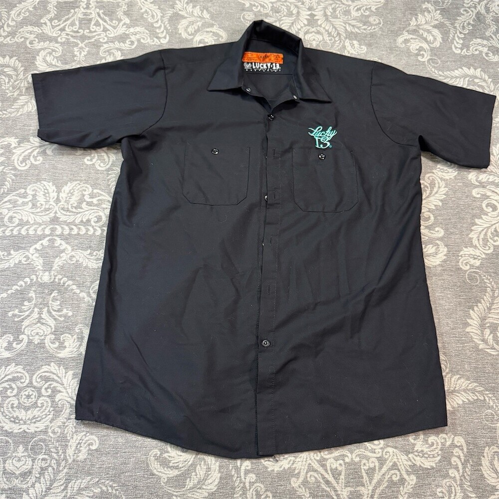 Lucky 13 Mens Work Shirt Black Short Sleeve Button-Up Truck Graphic Size L